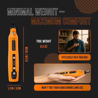 Lightweight orange electric rotary tool, ergonomic design, fits easily in hand and toolbox.