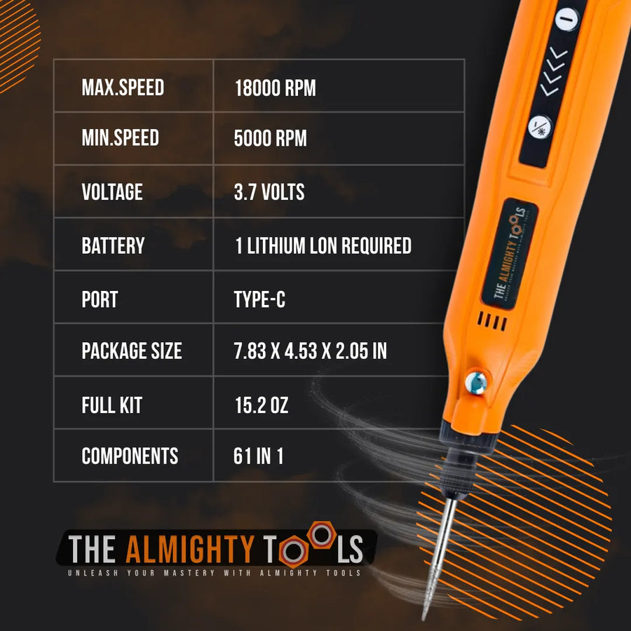 Orange electric screwdriver with specs chart, The Almighty Tools branding, 61-in-1 kit details.
