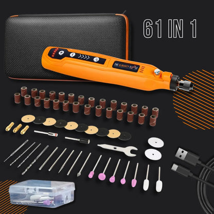 61 in 1 orange electric rotary tool kit with drill bits, sanding bands, discs, case, and USB cable