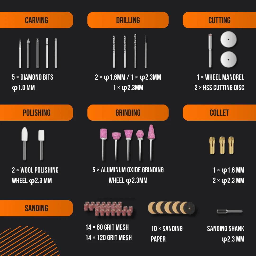 Rotary tool accessory kit with bits for carving, drilling, cutting, sanding, polishing, and grinding.
