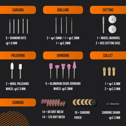 Rotary tool accessory kit with bits for carving, drilling, cutting, sanding, polishing, and grinding.
