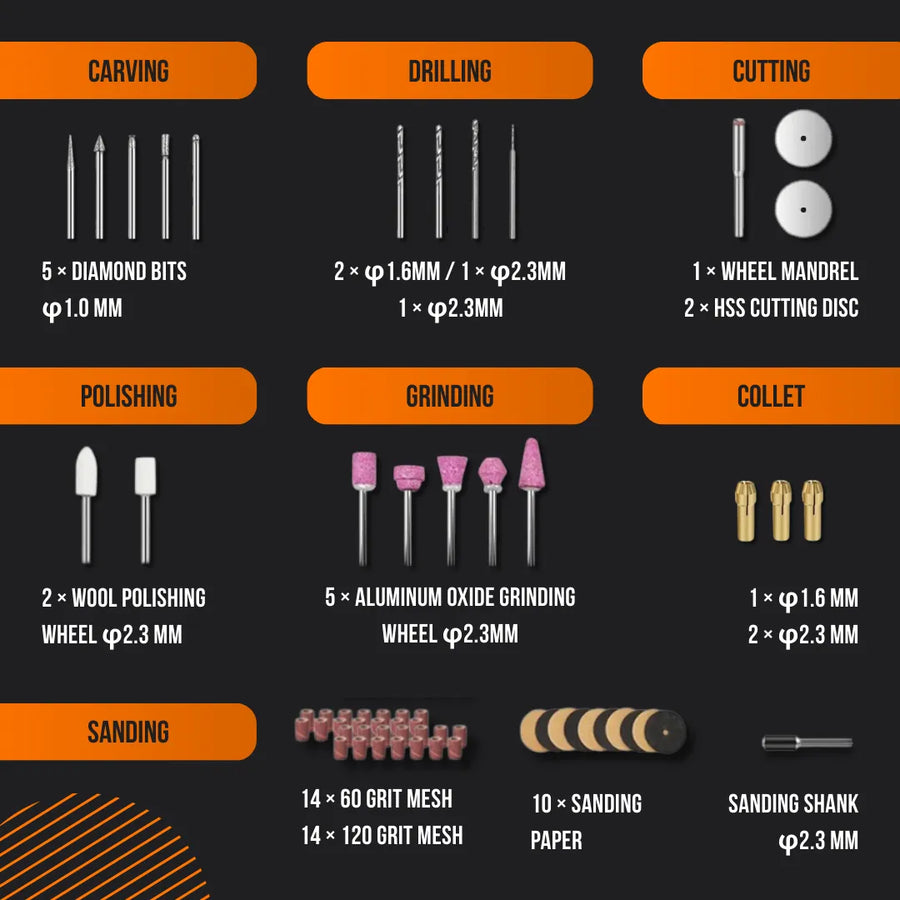 Rotary tool accessory kit with bits for carving, drilling, cutting, sanding, polishing, and grinding.