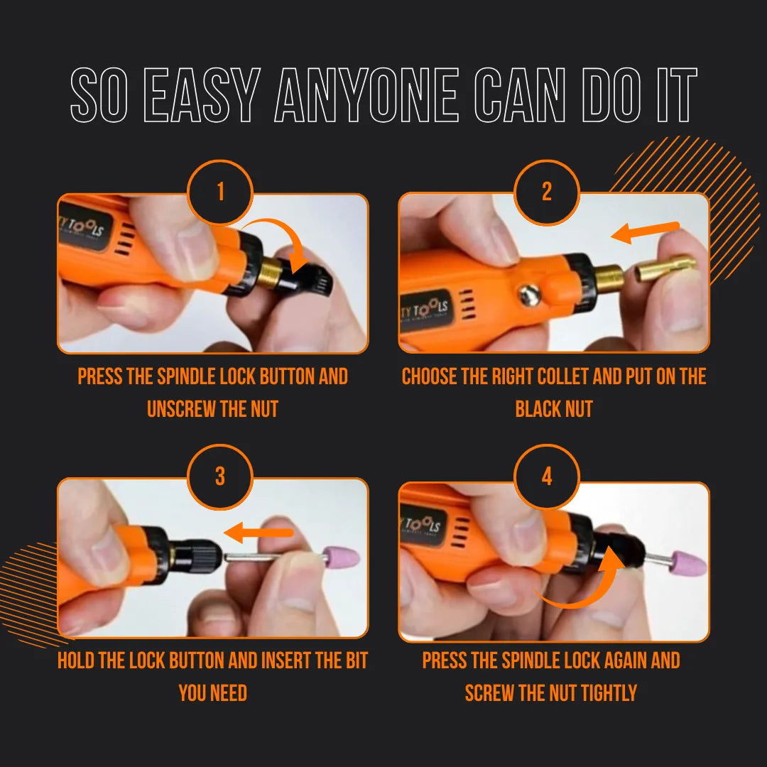 Step-by-step guide for assembling an orange rotary tool with various collet and bit attachments.