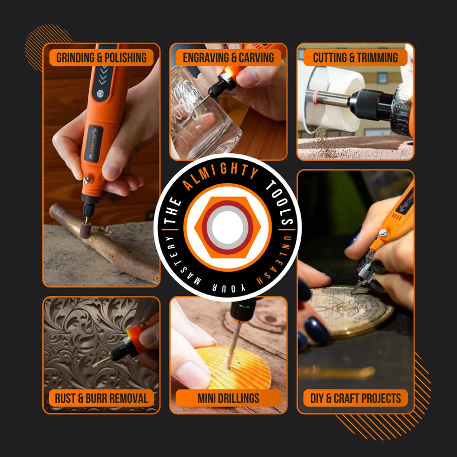 Compact orange rotary tool used for grinding, engraving, cutting, drilling, and DIY crafts.