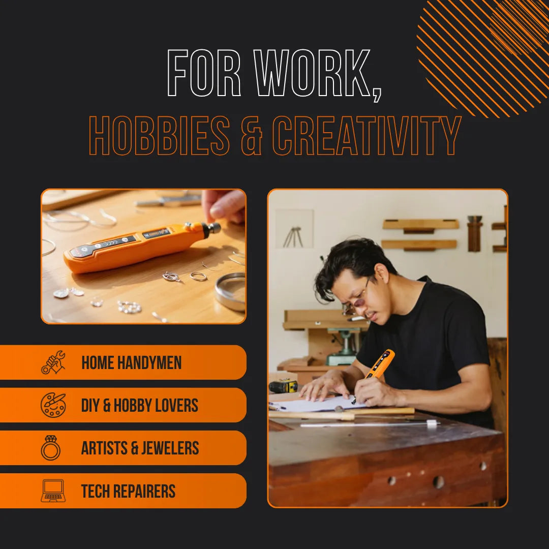 Man using orange electric tool for crafts at workbench, ideal for DIY, jewelry, tech repair