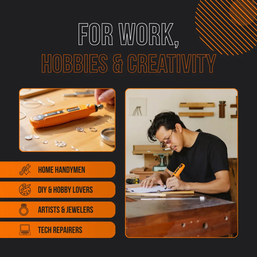 Man using orange electric tool for crafts at workbench, ideal for DIY, jewelry, tech repair
