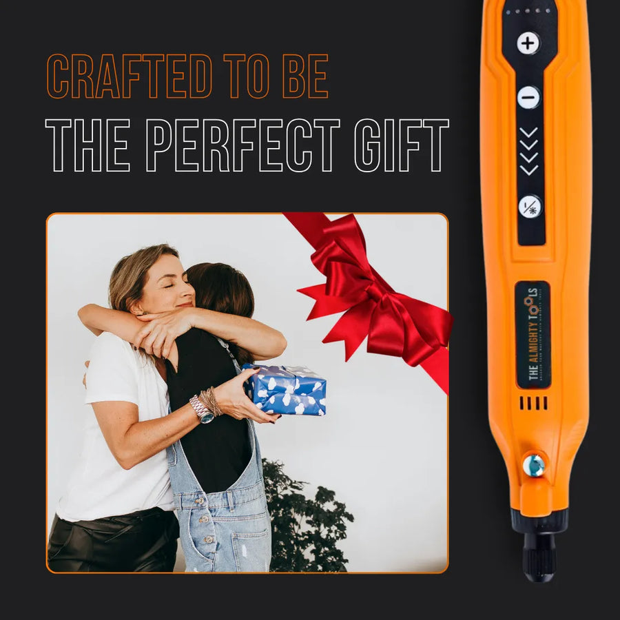 Woman hugging child with a blue gift box, orange Almighty Tools electric tool on side, gift bow