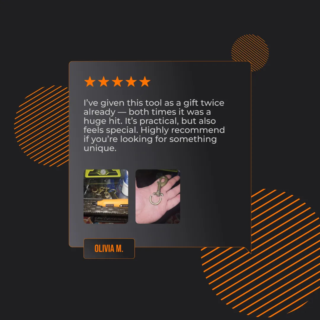 Customer review with five stars and photos praising unique gift tool, practical keychain accessory