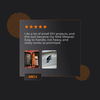 Five-star review for orange DIY hand tool kit, text testimonial and before-after repair photos.