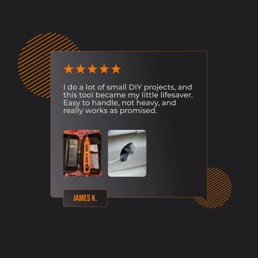 Five-star review for orange DIY hand tool kit, text testimonial and before-after repair photos.