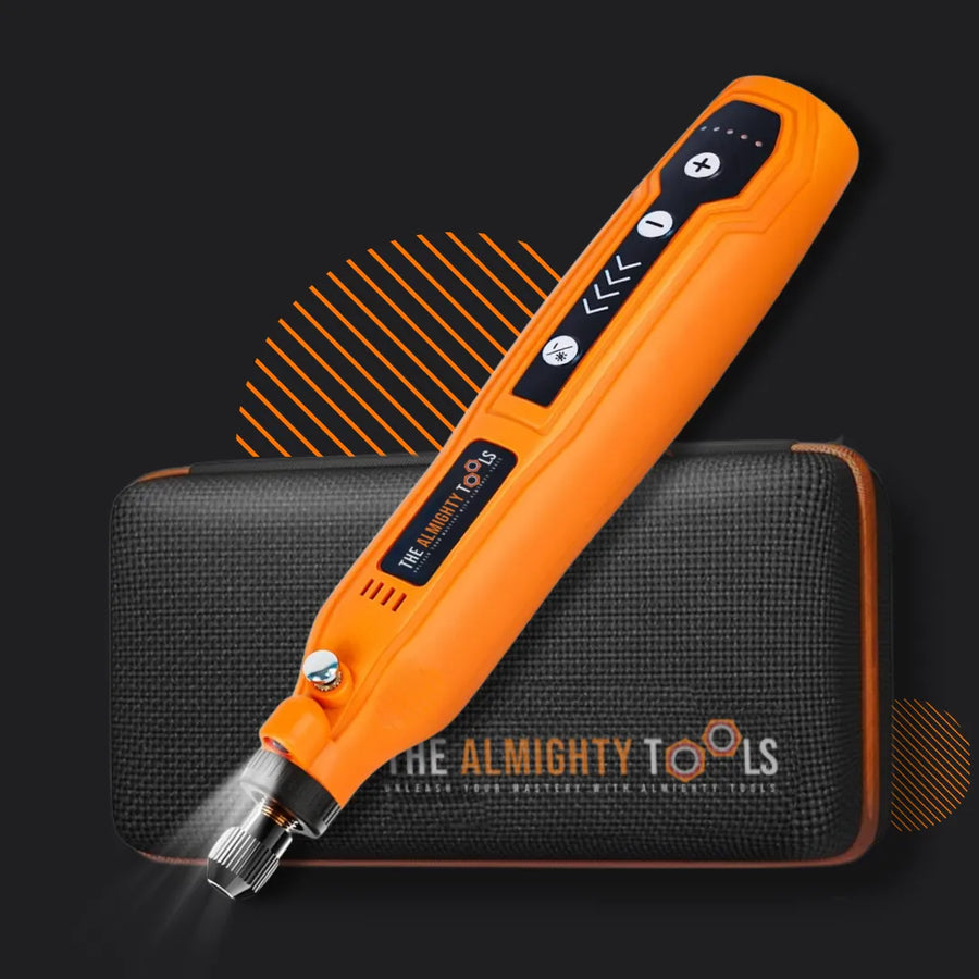 Orange cordless rotary tool with case, The Almighty Tools brand, on a dark background.