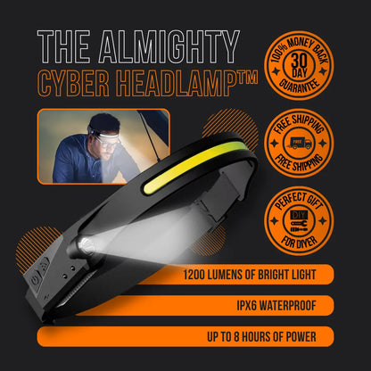 Almighty Cyber Headlamp with 1200 lumens, waterproof, rechargeable, LED strip light, promo badges