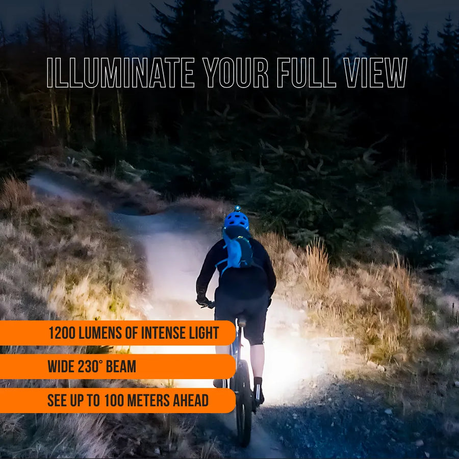 Cyclist using powerful headlamp on forest trail at night, wide 230° beam, 1200 lumens, 100m range