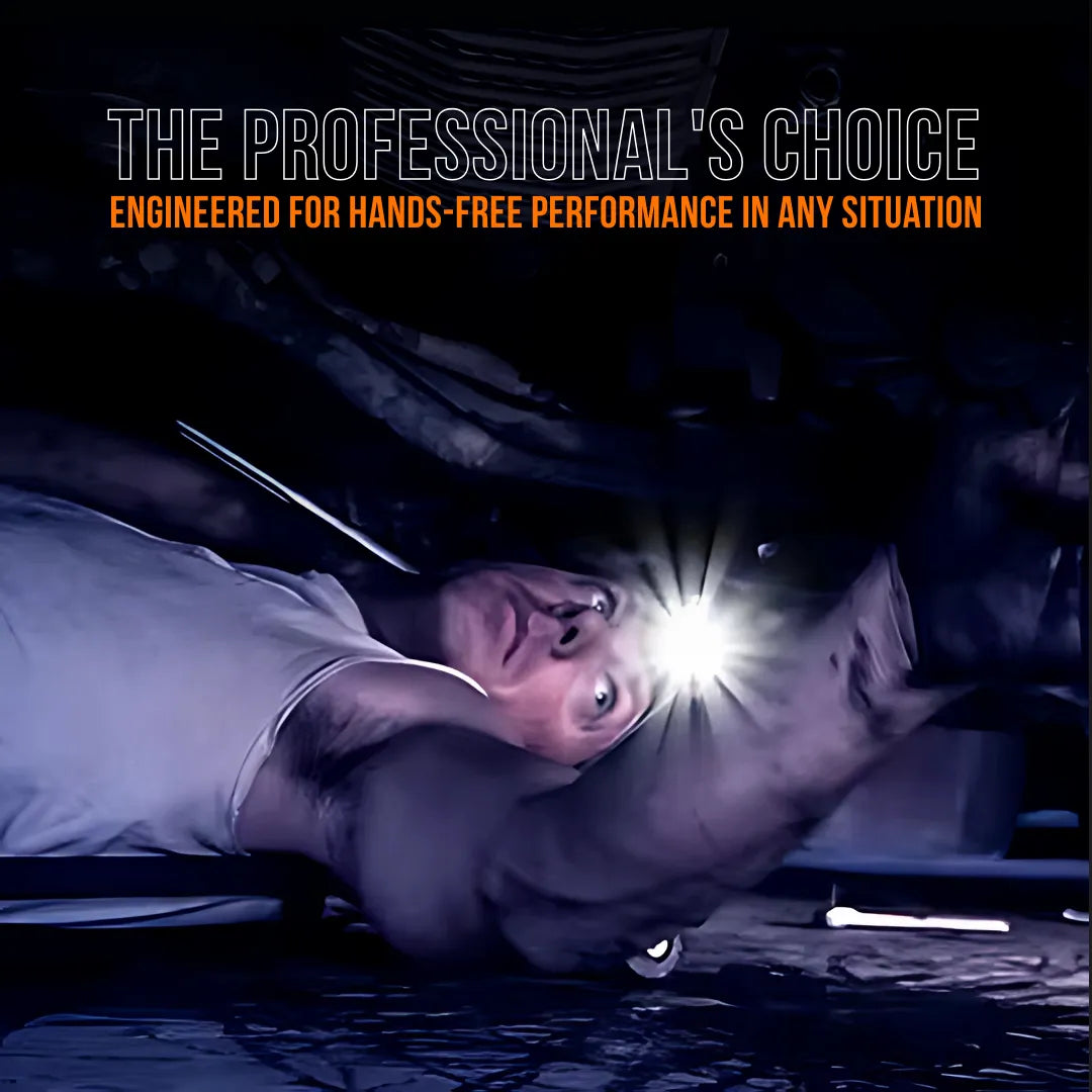 Mechanic wearing a bright headlamp, working under a vehicle, showcasing hands-free lighting.
