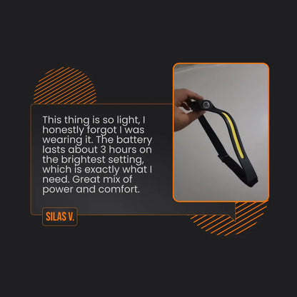 Hand holding lightweight black and yellow headlamp with customer review on dark background.