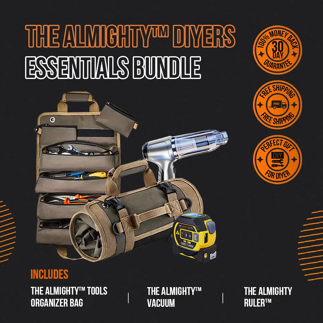 DIY essentials bundle with tool organizer bag, vacuum, and ruler on black background