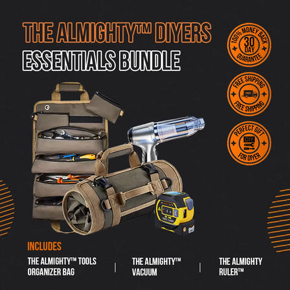 DIY essentials bundle with tool organizer bag, vacuum, and ruler on black background