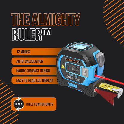 The Almighty Ruler laser tape measure with LCD display, compact design, and 12 measurement modes