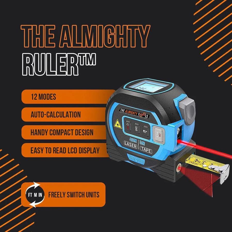 The Almighty Ruler laser tape measure with LCD display, compact design, and 12 measurement modes