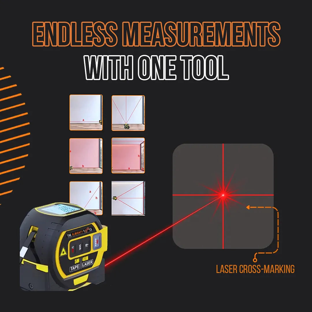 Digital laser tape measure tool with cross-marking feature and measurement diagrams.
