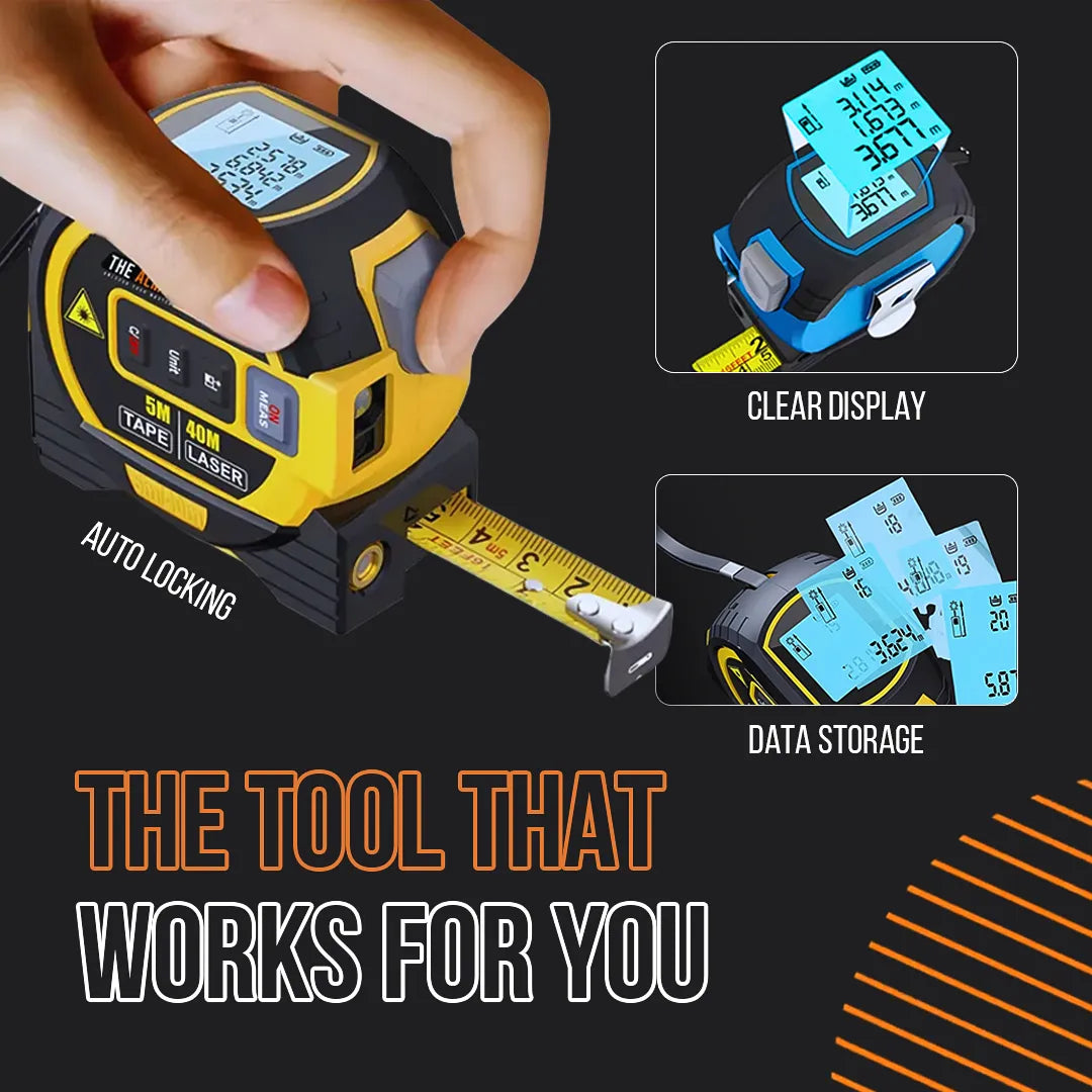 Digital laser tape measure with LCD screen, auto locking, clear display, and data storage.