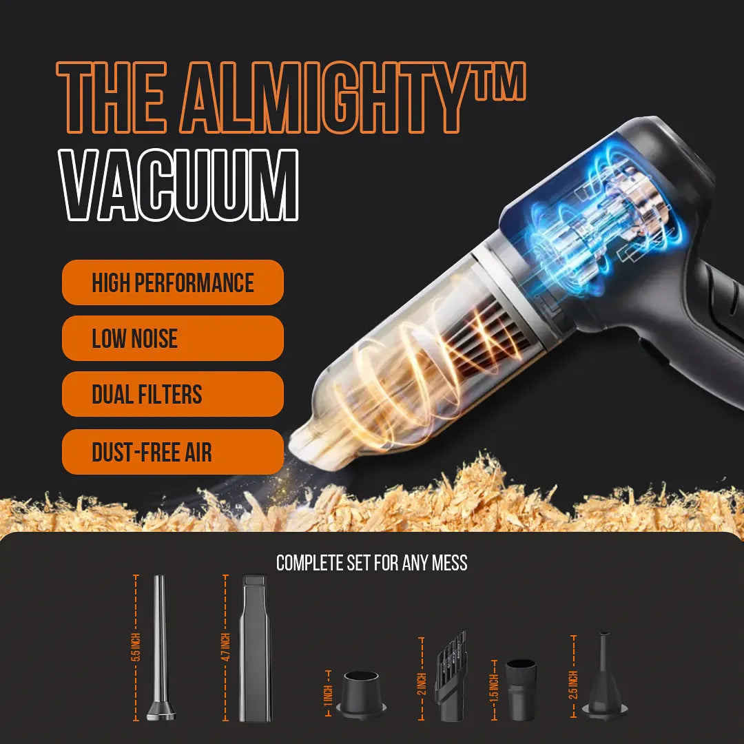 The Almighty handheld vacuum cleaner with multiple nozzle attachments, sawdust background, product features listed