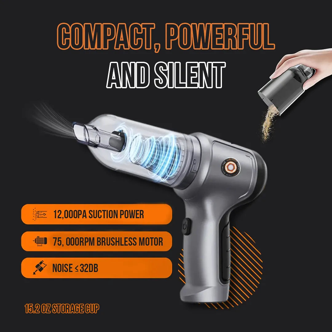 Compact cordless handheld vacuum with transparent dust cup, shown emptying debris and feature highlights.