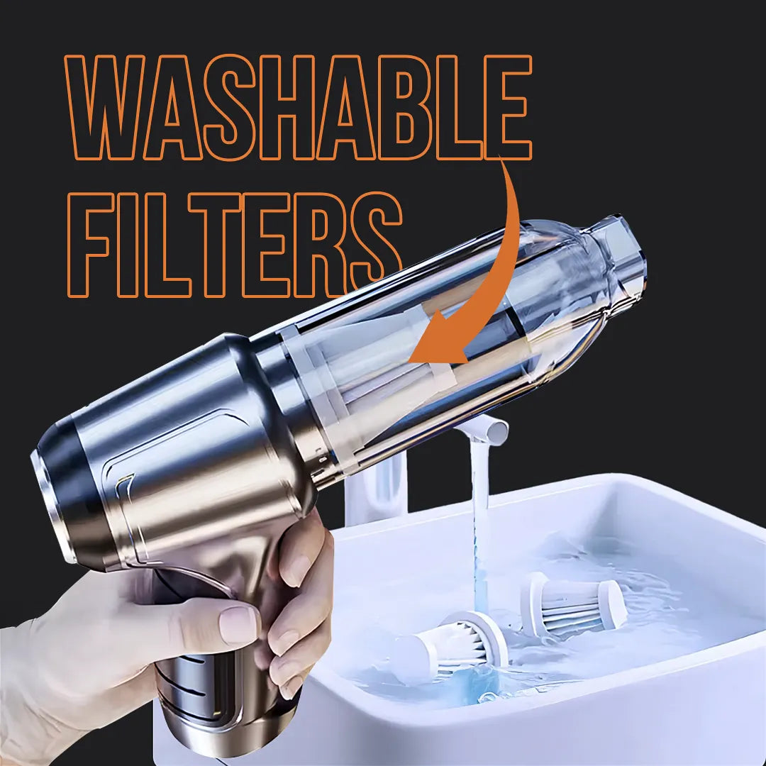 Handheld vacuum cleaner with washable filters under running water at a sink