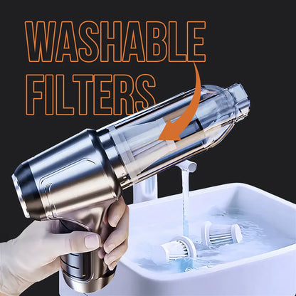 Handheld vacuum cleaner with washable filters under running water at a sink