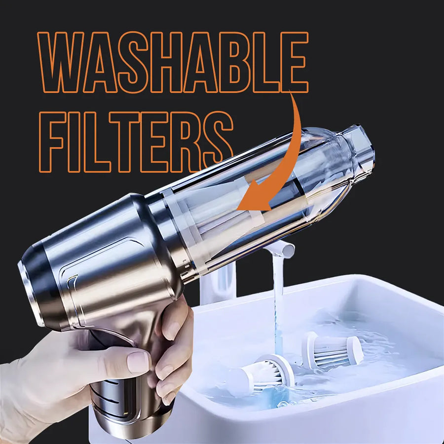 Handheld vacuum cleaner with washable filters under running water at a sink
