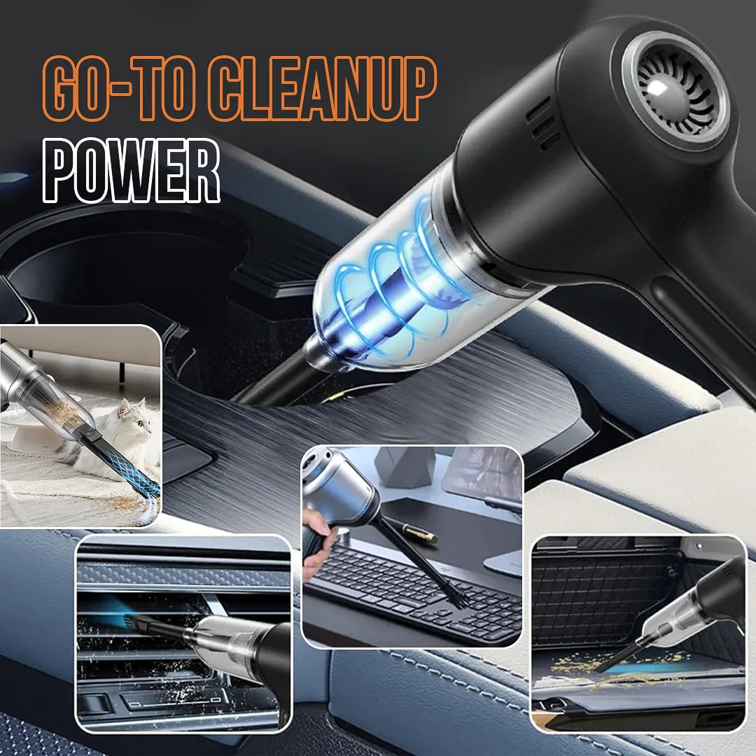 Portable handheld vacuum cleaner cleaning car interior, keyboard, pet hair, and tight spaces.