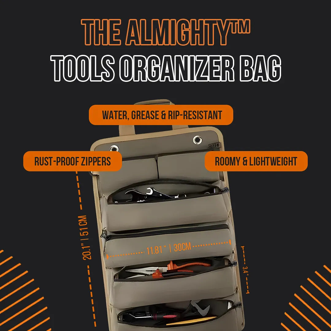 The Almighty tools organizer bag with labeled features, multiple pockets, and visible hand tools.