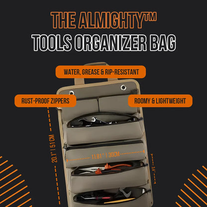 The Almighty tools organizer bag with labeled features, multiple pockets, and visible hand tools.