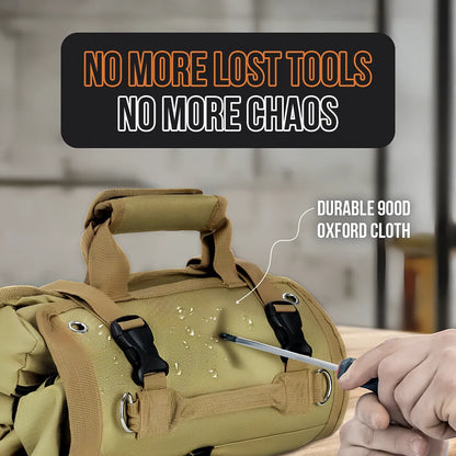 Tan tool bag with water droplets, durable 900D Oxford cloth, hand holding screwdriver