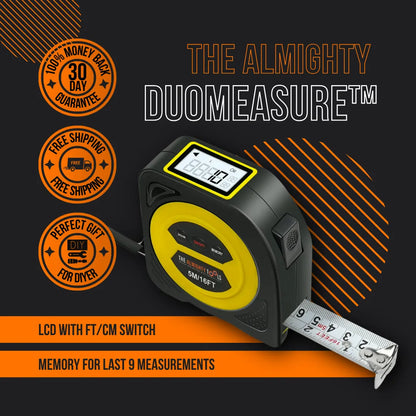DuoMeasure digital LCD tape measure with 5m/16ft blade, memory, and DIY tool features