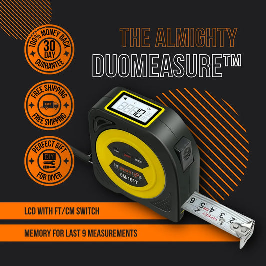 DuoMeasure digital LCD tape measure with 5m/16ft blade, memory, and DIY tool features
