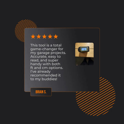 Five star review for digital measuring tool with LCD screen on wooden surface, black background