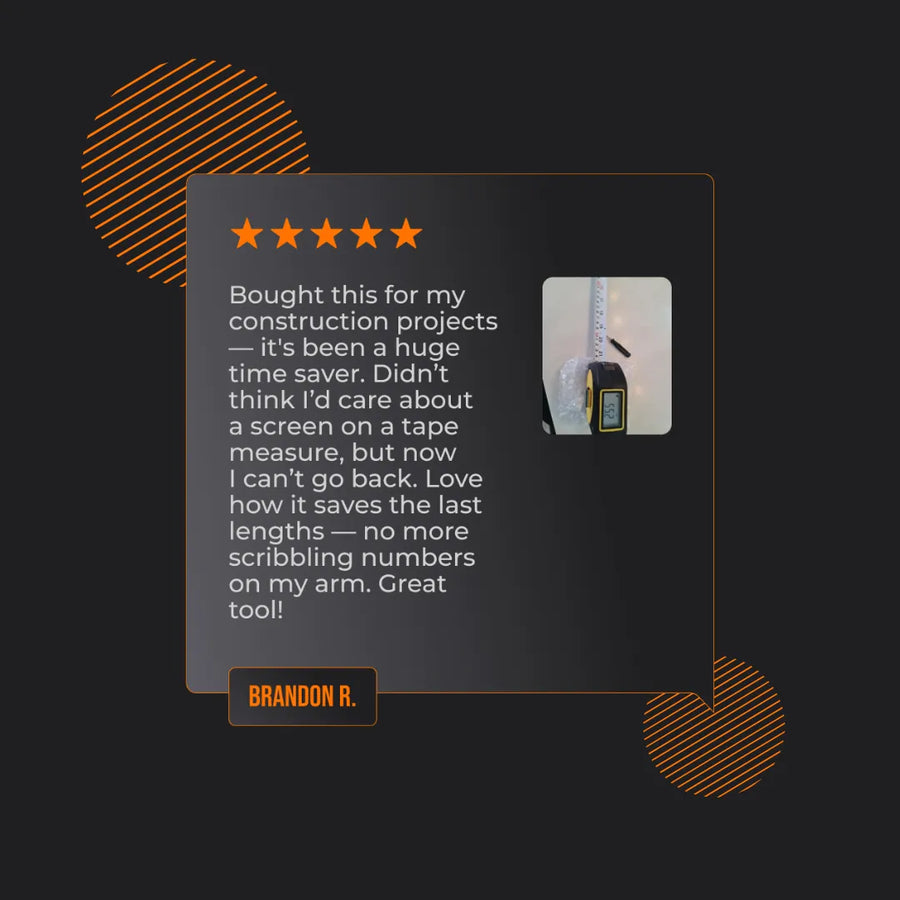 Customer review with five stars and photo of digital tape measure for construction projects