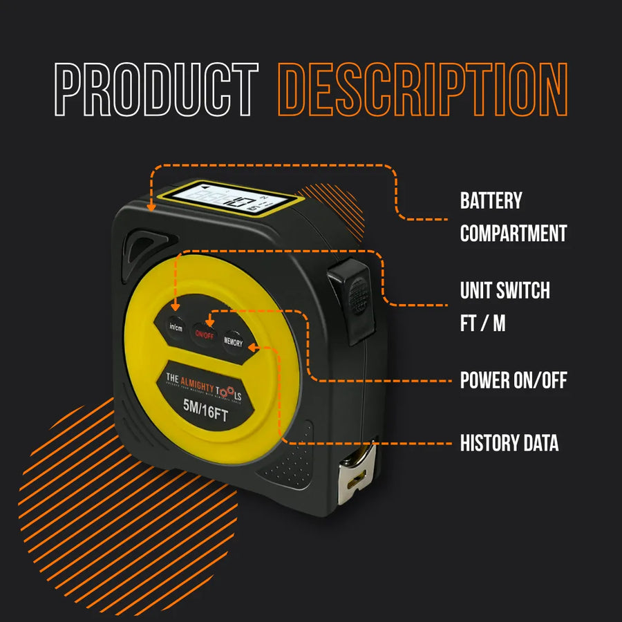 Almighty Tools digital tape measure with labeled buttons and features on dark background