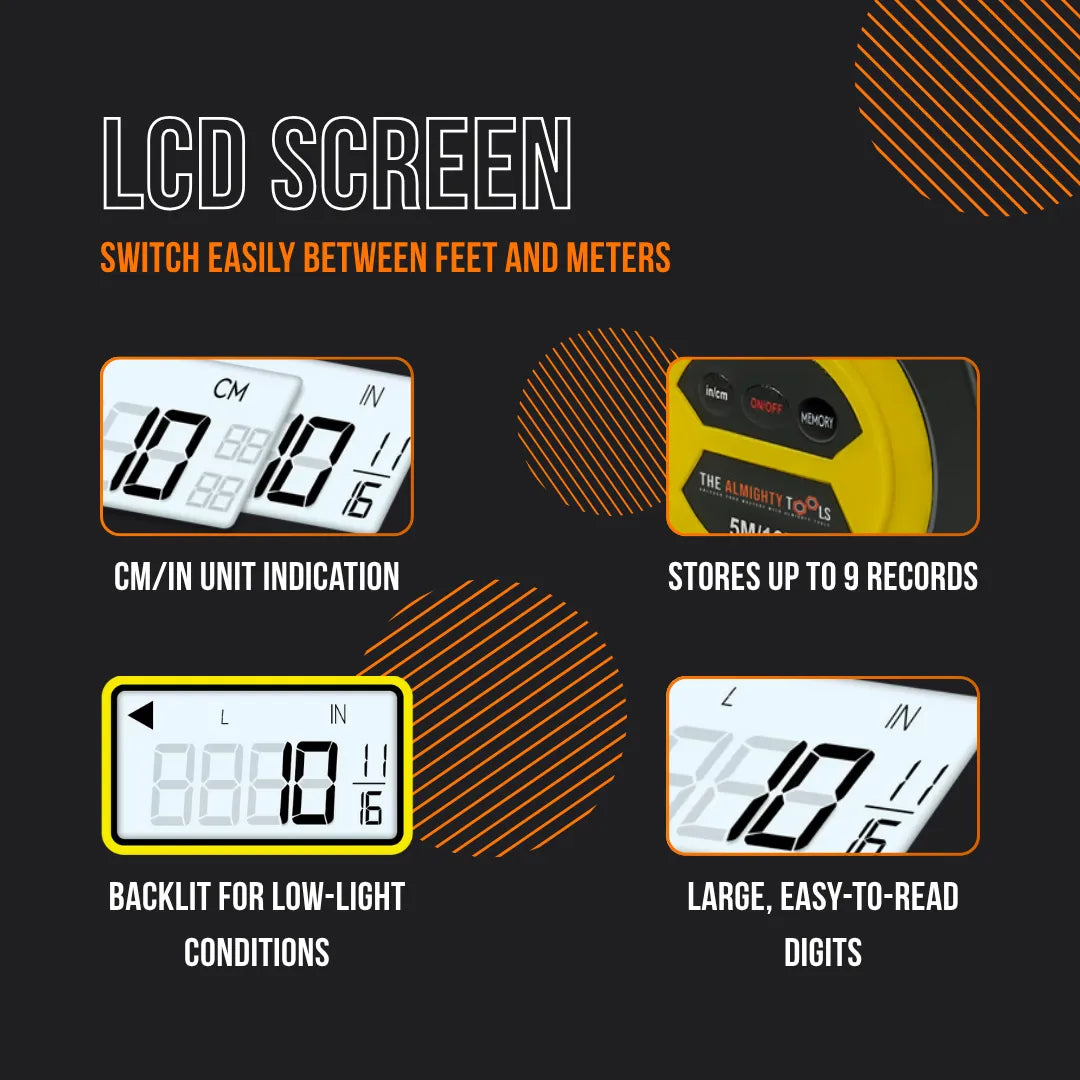 Digital tape measure LCD screen features—cm/in units, backlit display, memory, large digits