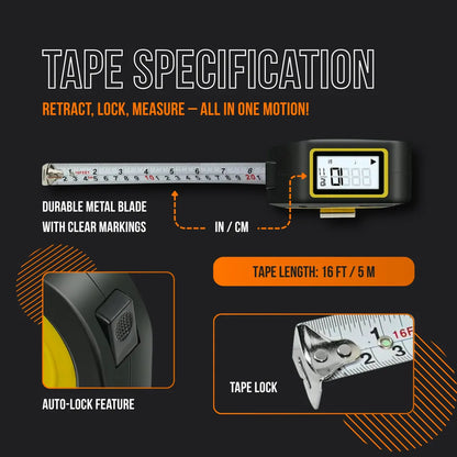 Digital tape measure with LCD display, metal blade, auto-lock, and 16ft length specs shown.