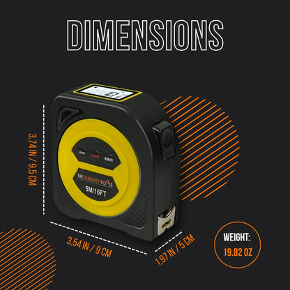 Black and yellow digital tape measure showing dimensions and weight on a dark background