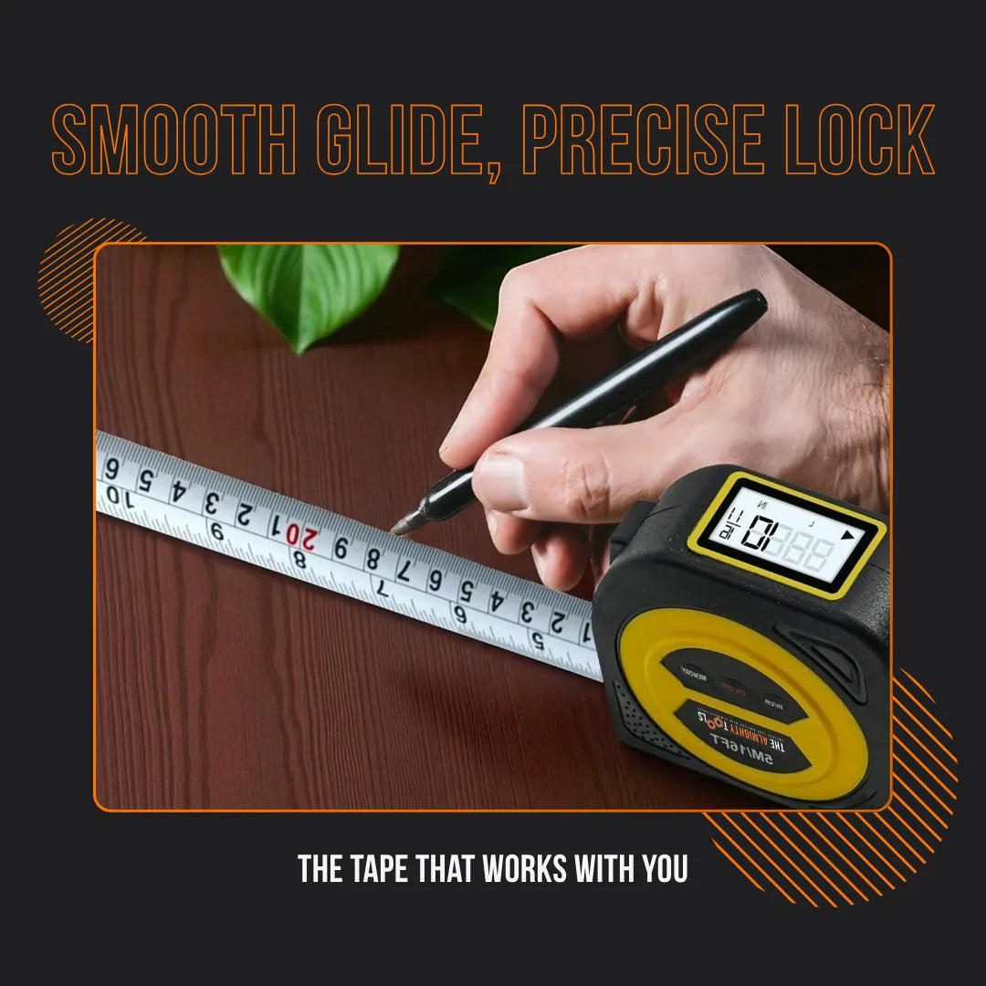 Digital tape measure marking wood surface, handheld, smooth glide precise lock