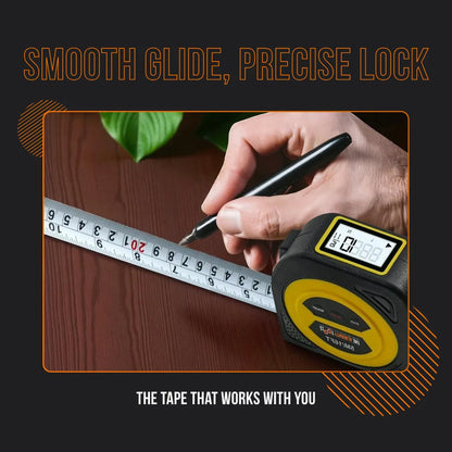 Digital tape measure marking wood surface, handheld, smooth glide precise lock
