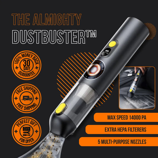 The Almighty DustBuster handheld vacuum with 14000 Pa suction, HEPA filter, multiple nozzles shown cleaning car seat.