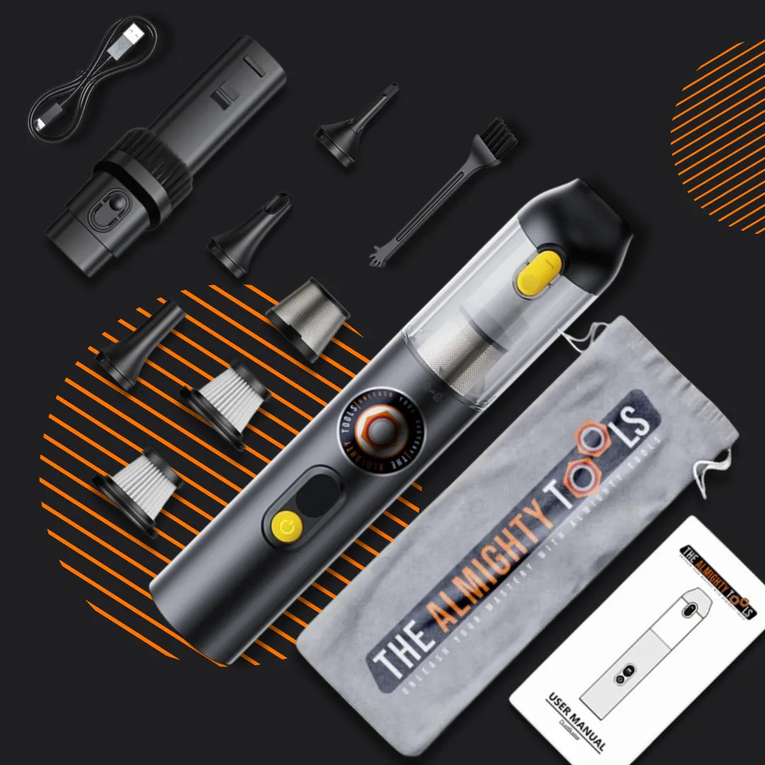 Portable Almighty DustBuster handheld vacuum with attachments, filter, bag, and user manual.
