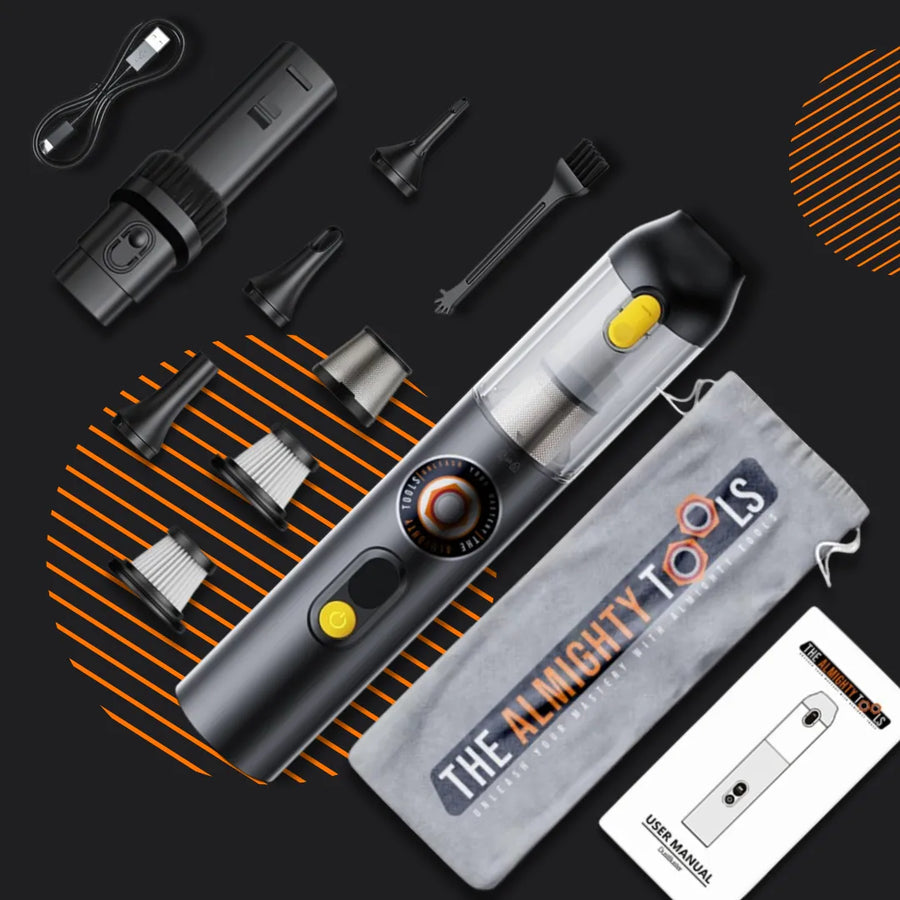 Portable Almighty DustBuster handheld vacuum with attachments, filter, bag, and user manual.