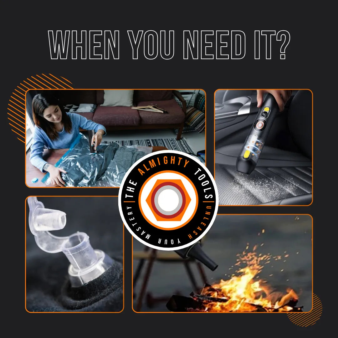 Multi-use portable vacuum cleaner for home, car, inflating, and fire-starting tasks.
