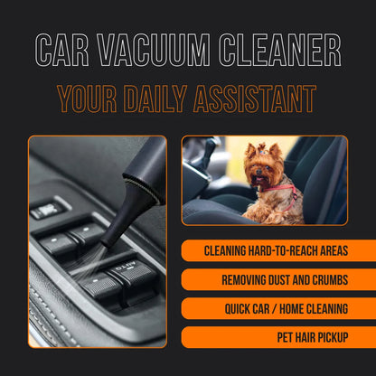 Car vacuum cleaner cleaning window buttons, small dog on car seat, features listed on black background.