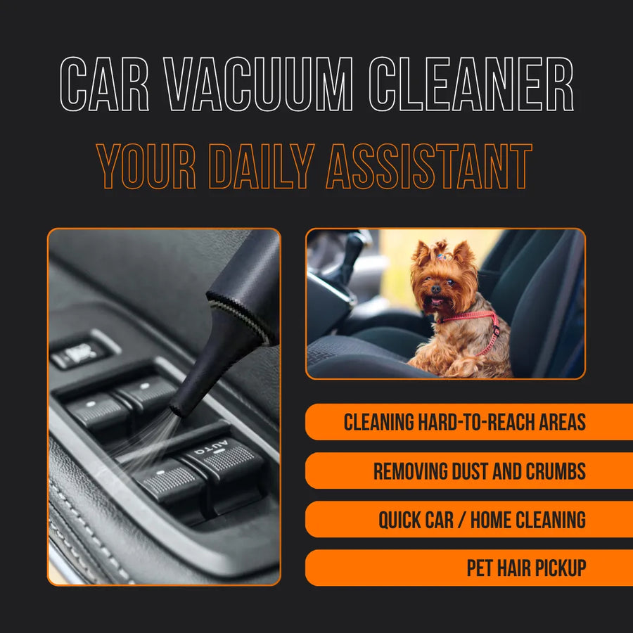Car vacuum cleaner cleaning window buttons, small dog on car seat, features listed on black background.